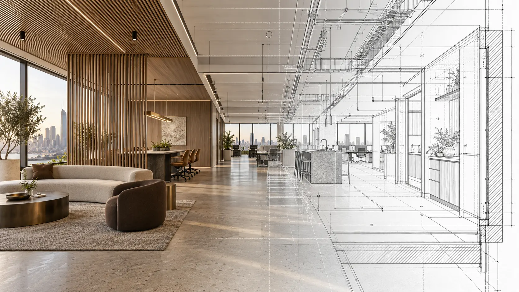 Illustrative commercial office render transitioning into coordinated construction documentation