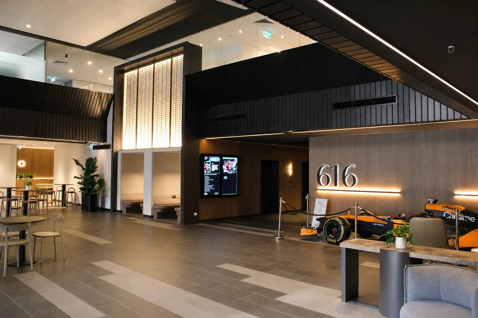 Wide architectural view of the 616 St Kilda Road lobby and arrival identity