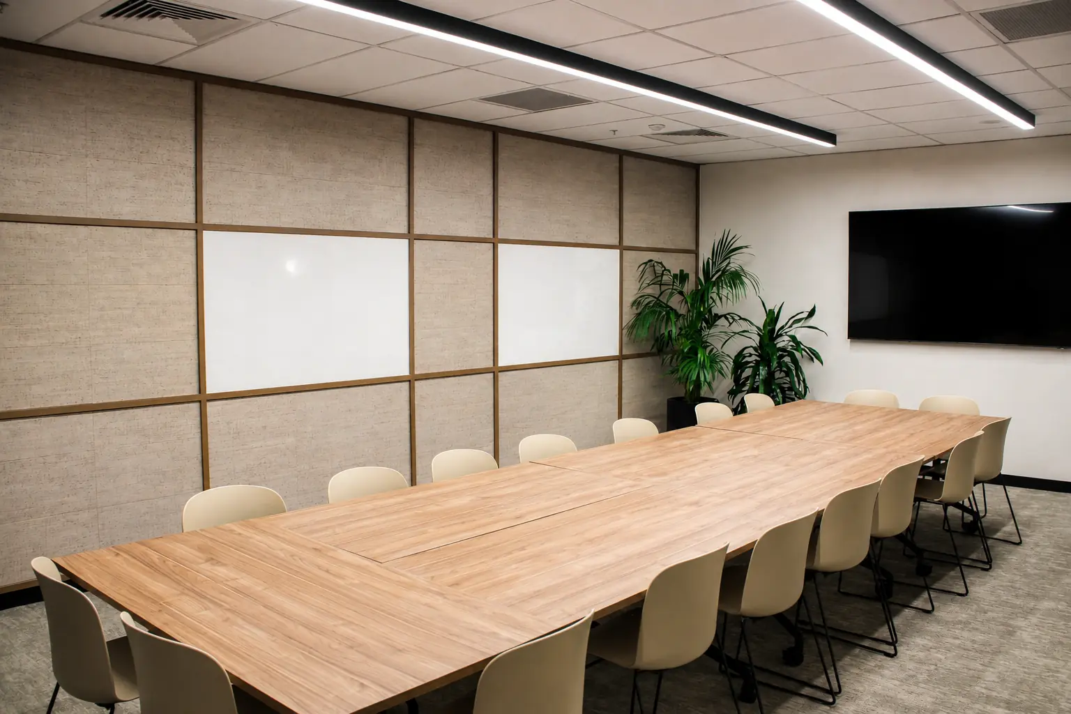 Formal meeting room with timber table and integrated linear lighting