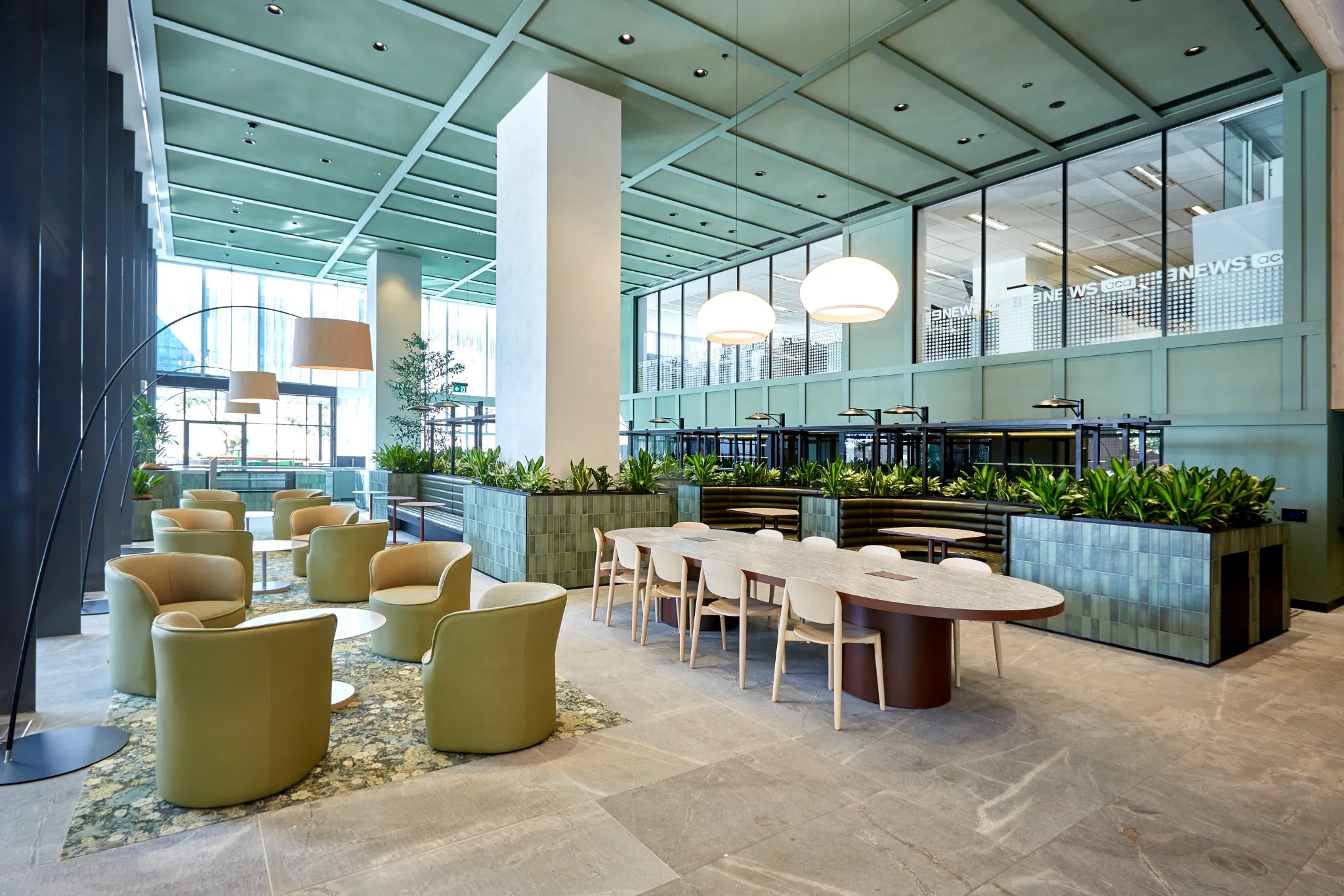 Live environment commercial construction and business lounge at 717 Bourke Street
