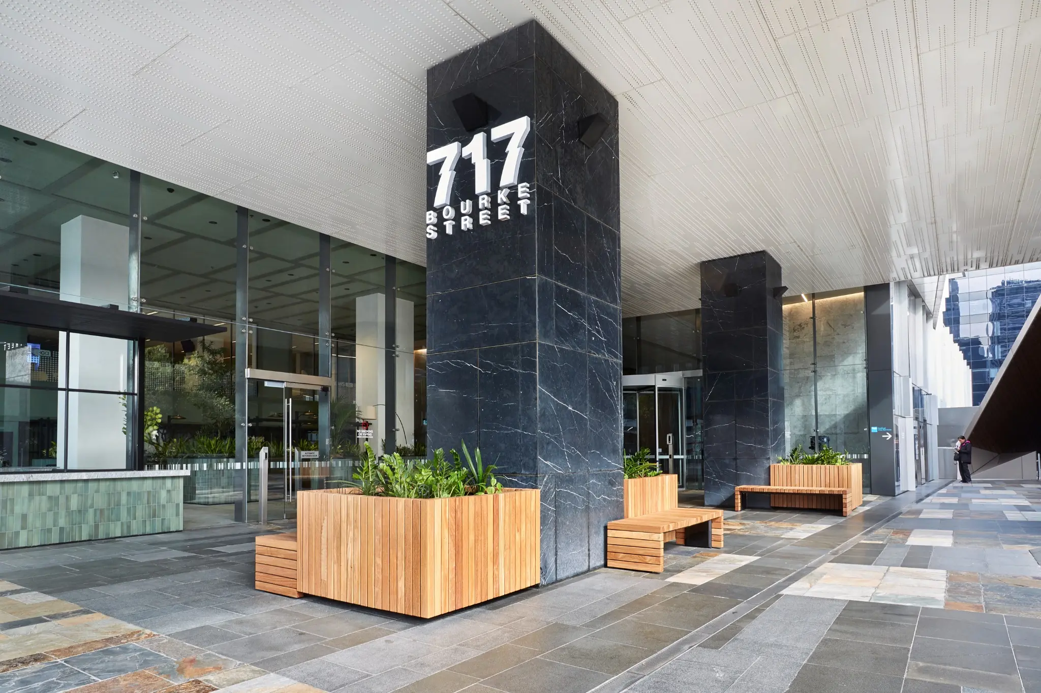 Upgraded 717 Bourke Street entrance showing the extended façade and renewed external arrival