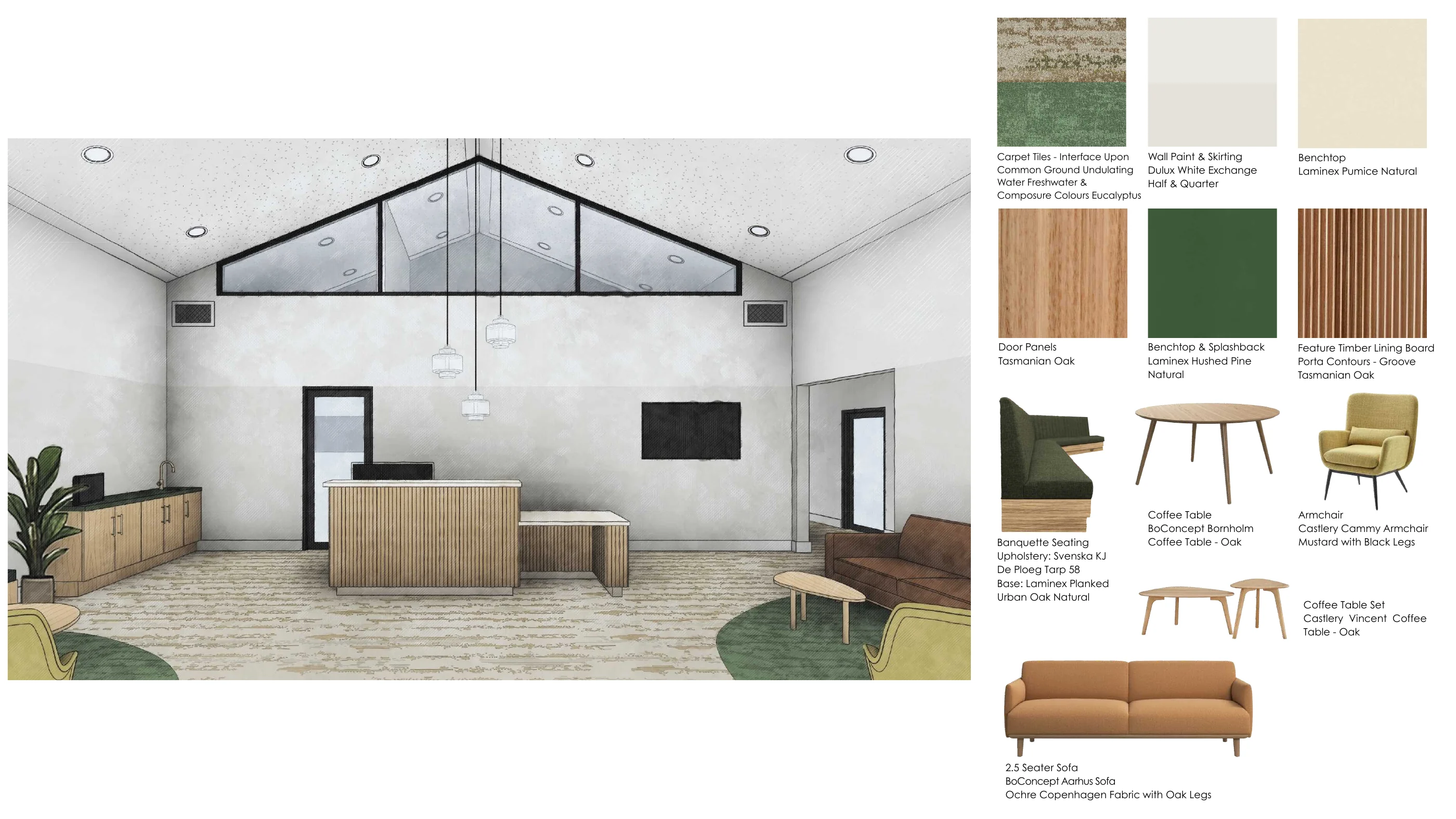 Concept render and material palette for the Lilydale Memorial Park visitor services area