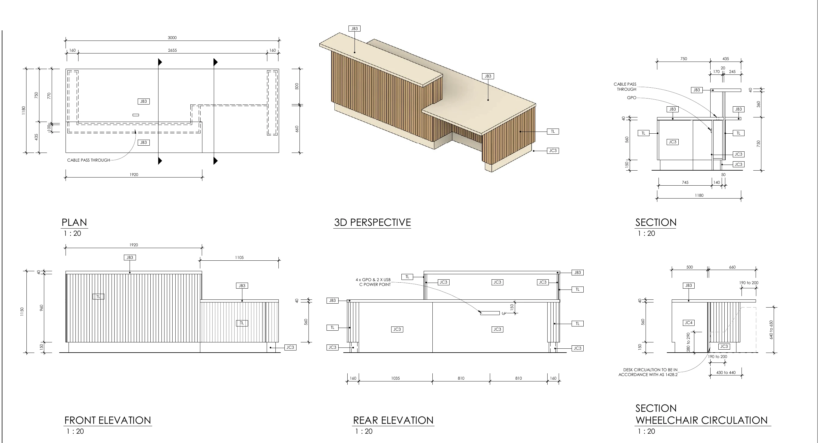 Sanitised reception joinery working-detail excerpt showing plan, elevations, sections and three-dimensional view